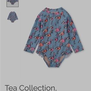 Tea Collection Blue and Pink Swimsuit with Flamingo Print-4T